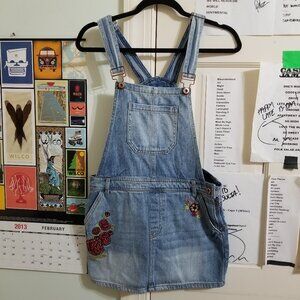 Forever 21 pinafore Small floral embroidery boho denim jean overall dress skirt